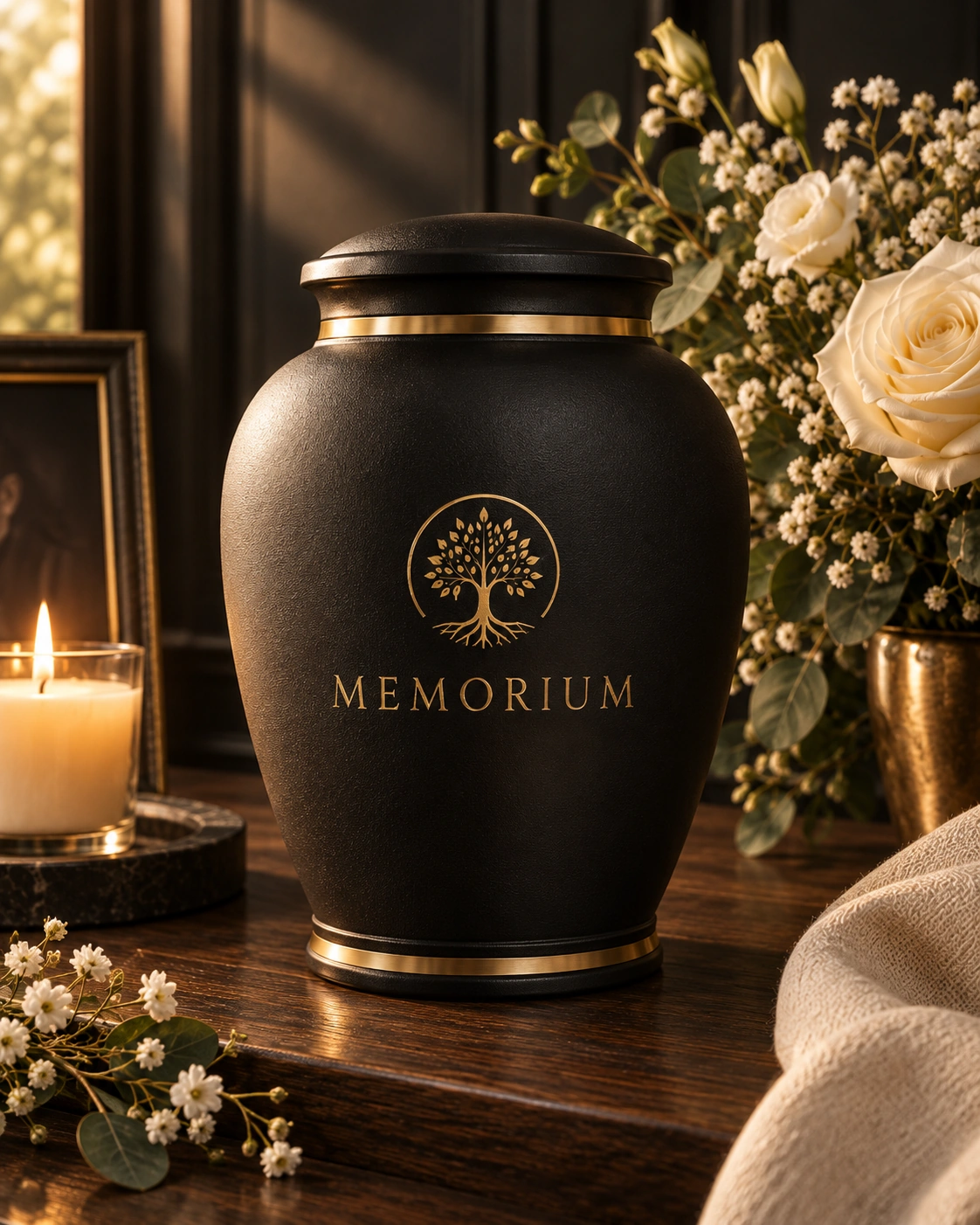 Detalle de ánfora MEMORIUM de acabado negro y dorado